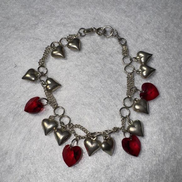 Jewelry - 925 Sterling Silver Heart Chain Bracelet Made With SWAROVSKI  Red Crystal Hearts